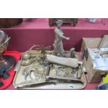 A Pair of Brass Equestrian Door Stops, anvil worker, horse brasses, cutlery, etc:- One Tray