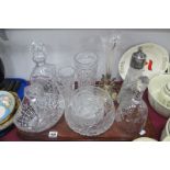 Claret Jug, epergne with plated stand, bell, decanter, other glassware:- One Tray