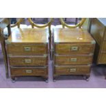 Pair of Oriental Hardwood Chests of Three Drawers, with brass inlay and campaign handles, on