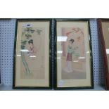 Oriental: Pair of Chinese Watercolours, each featuring maiden, one holding fan the other by