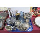 Silver Two Handled Trophy, plated candelabra, teapot, tankard, blue glass decanter, etc:- One Tray