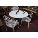 Britannia Style Iron Based Patio Table with Marble Top. 91cm diameter; three white painted metal