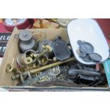 Scales and Weights, Aiea Telephone, horse brasses, 1920's brass door handle, Ashberry teapot,