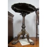 Mahogany Tilt Top Table, with scalloped rim to fluted support, tripod legs, ball and claw feet, 49.