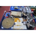 Scales and Weights, tea service, door signs, Dixon's hip flask, safe plaque, etc:- One Tray