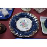 First Period Worcester Circular Dish, with wavy rim, handpainted floral centre, deep blue and gilt