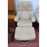 Ekornes of Norway Stressless Beige Leather Recliner Chair and Matching Stool.