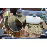 XIX Century Brass Trivet, with a pierced top, brass oil lamp, brass jug, XIX Century pottery bed