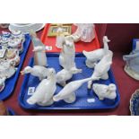 Nao Terrier, Lladro girl holding piglet and goose, six Nao geese:- One Tray