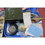 Military; Two Brass Model Cannons, metal tin, paper ephemera, later compass, plaque, etc:- One Tray