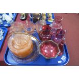 Two XIX Century Cranberry Glass Jugs, oil bottle, frill vase, other glassware:- One Tray