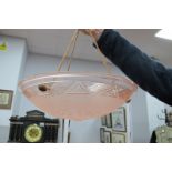 Art Deco Pink Glass Shallow Circular Ceiling Light Shade, with floral centre and geometric outer