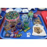 Glass Marbles, Mdina paperweight, coinage, scout badges, etc:- One Tray