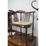 Edwardian Inlaid Mahogany Corner Chair, with wavy and turned supports, 'X' stretcher.