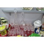 Two Bulbous Decanters, Stuart and other drinking glasses:- One Tray