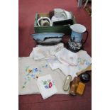 Linens, wash jugs, bowl, chamber pot, dressing table ware:- Two Boxes