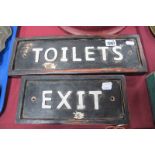 'Exit' and 'Toilets' Wall Signs, 38.5cm wide. (2)