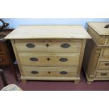 Early XX Century Pine Continental Chest of Three Drawers, having oval oxidized handles, reeded sides