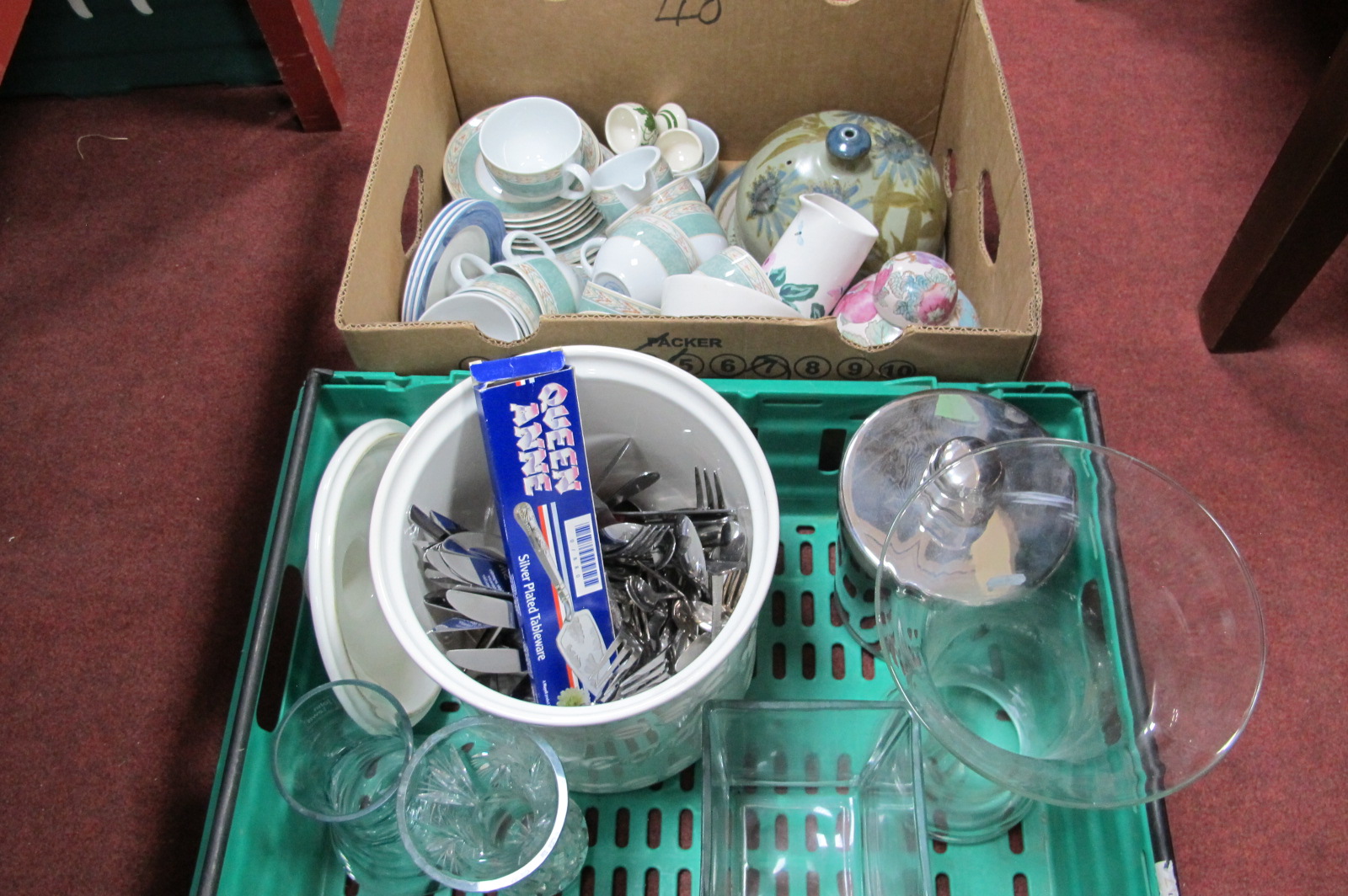 Cutlery, bread crock, ice bucket, cheese dish, Wedgwood Home Aztec Tableware, etc:- Two Boxes