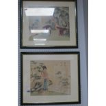 Oriental: Two Chinese Watercolours, each featuring maiden in pink dress, one seated, both by tree,