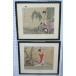 Oriental: Pair of Chinese Watercolours, each featuring maiden by tree, one in red dress, the other
