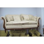 Medallion Golden Shell Design Upholstered Regency Style Settee, approximately 204cm wide.