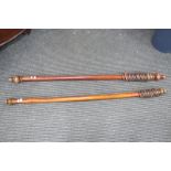 A Pair of Victorian Wooden Curtain Poles, complete with finials and rings, both approximately