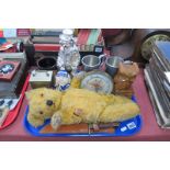 Sheffield Wednesday Tankards, wooden owl, knife, teddy bear, dressing table clock, etc:- One Tray