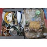 Glass and Stoneware Bottles, plated sauce boat, colander, glassware, etc:- Two Boxes
