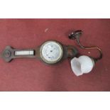 Early XX Century Oak Wall Barometer, having thermometer to neck, gas wall light having opaque