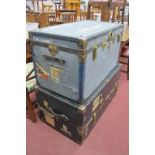 Two Luggage Trunks, having metal corner mounts, the largest 101cm wide.