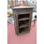 XIX Century Oak Corner Wall Cabinet, with vine and half wheel carving, single door with pane absent,