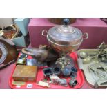 XIX Century Copper Tea Urn, carved wooden elephant, Maruman and Panther Guy Lighters, medals,