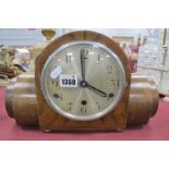 Art Deco walnut Cylinder Sided Cased Mantle Clock, with Westminster chimes movement, approximately