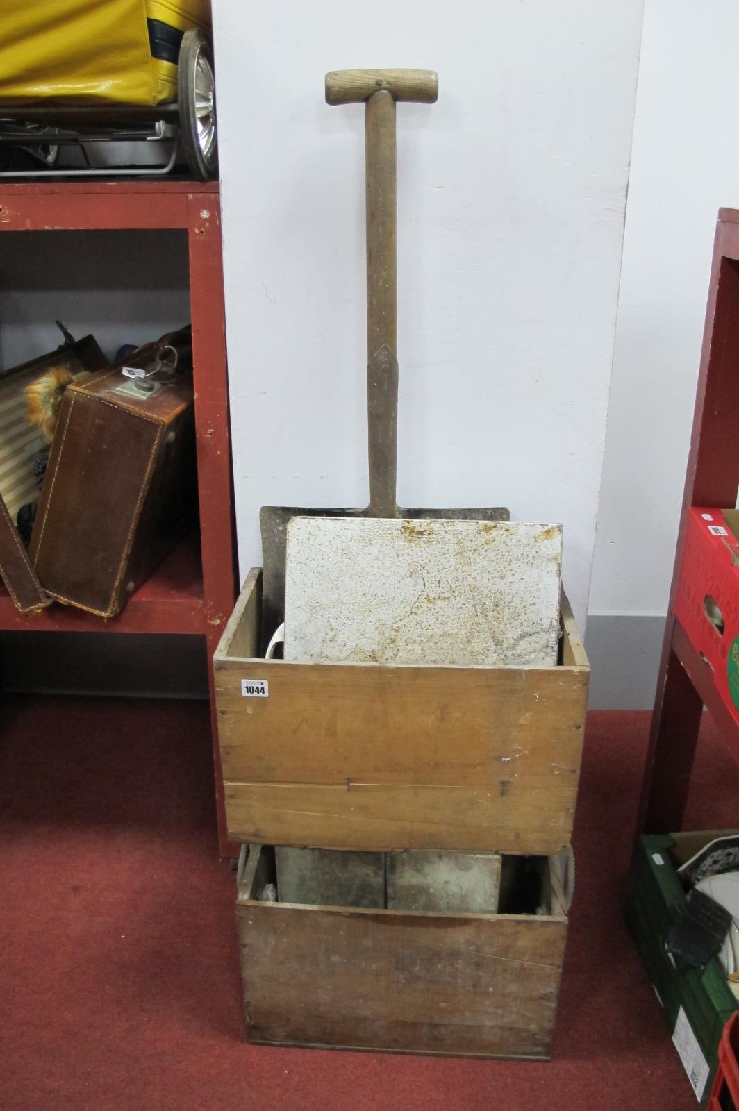 Two New Zealand Butter Wooden Crates, Pritchard folding picnic table, box, shovel.