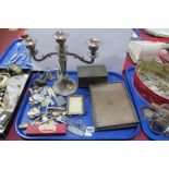 Badges, medallion, pen knives, beaten plated box, candelabra, cutlery, photo frames, etc:- One Tray