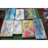 Seven 1:72nd Scale Plastic Model Military Aircraft Kits, by Academy, Italeri, MPM and other,