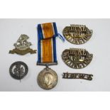 A WWI War Medal to 24/950 Pte F Roseblade, West Riding Regt, plus Services Rended badge and