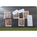 GB Queen Victoria 1841 1d Red (shades) (5), SG 8 imperf on blued paper with nice margins, used,