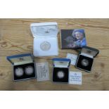Four Royal Mint Silver Proof Coins, a William and Kate Wedding 2011 Silver Crown, a 1991 One