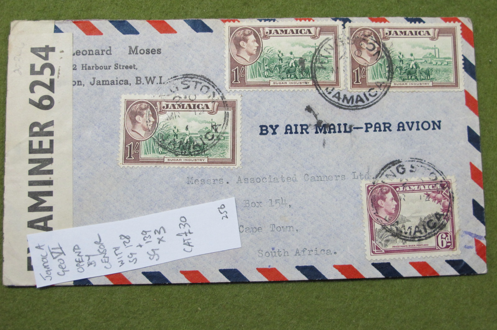 Jamaica Opened By Censor Cover With King George VI SG 128 and SG 139 (3), very good condition.