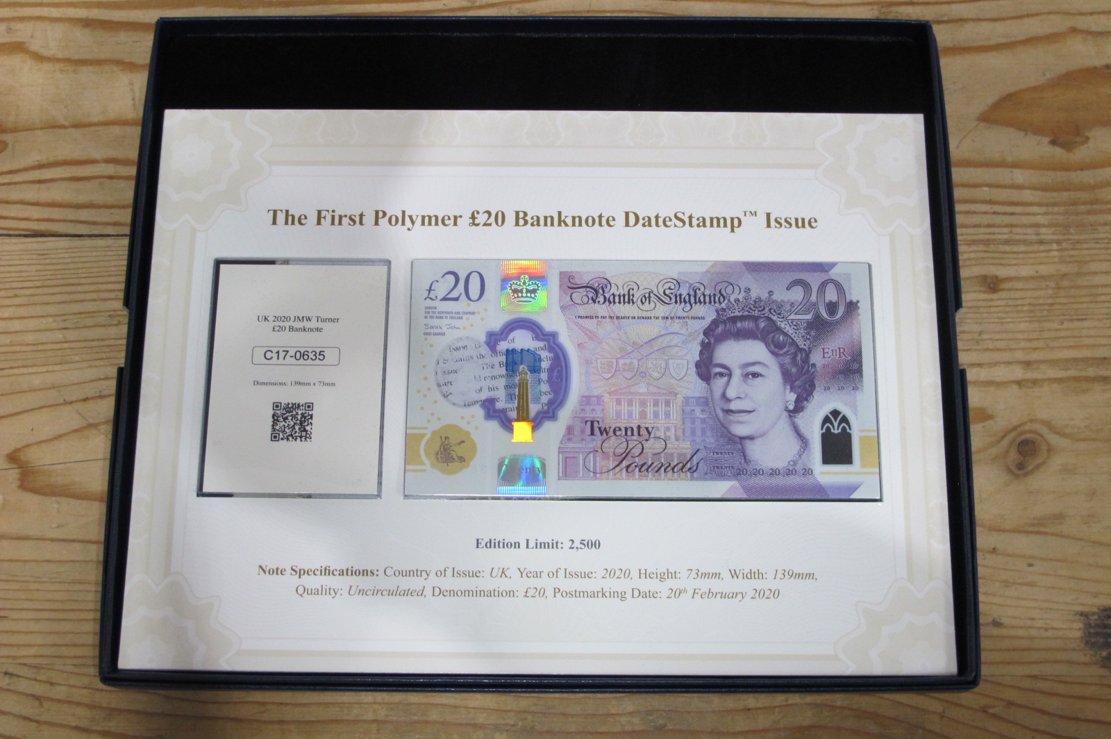 A Westminster Presentation The First Polymer Twenty Pounds Banknote, date stamp issue, UK 2020 JMW