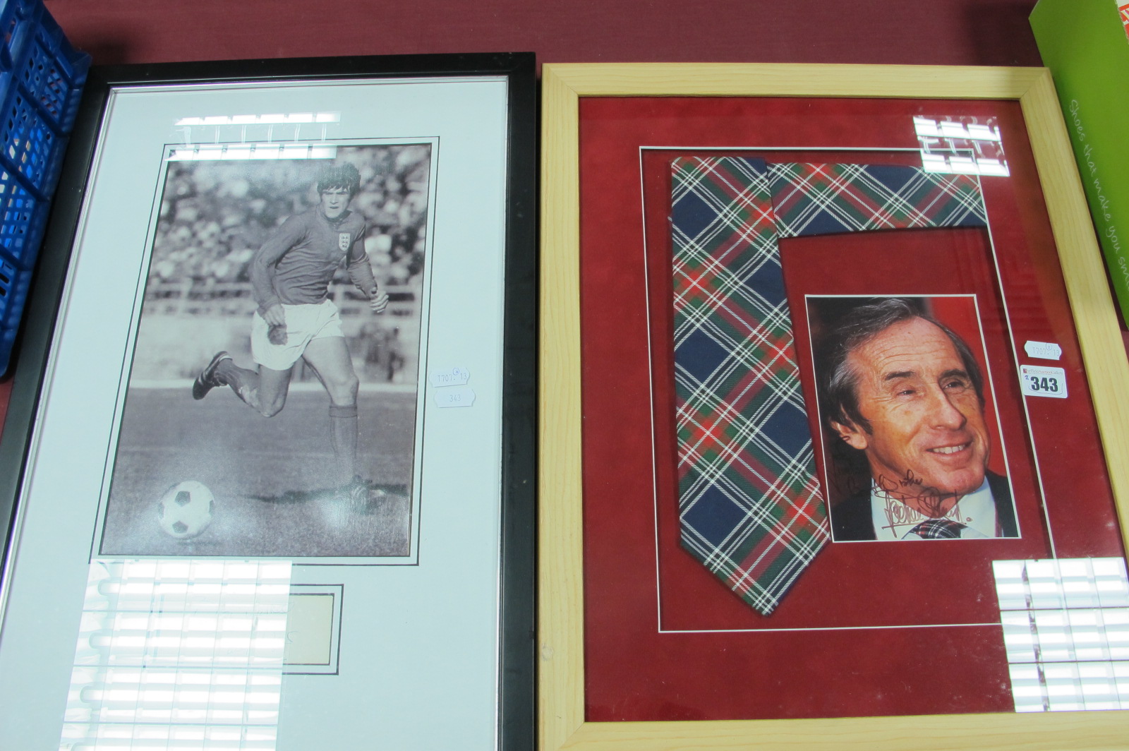 Jackie Stewart Montage, featuring signed image of hil wearing tartan tie, together with tie; Emlyn