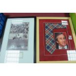 Jackie Stewart Montage, featuring signed image of hil wearing tartan tie, together with tie; Emlyn