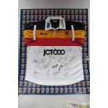 Bradford Bulls Bloggs Home Shirt, bearing JCT 600 logo and seventeen ink signatures, mounted on