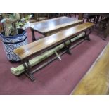 XIX Century Pine Topped Elongated Bench, having three vased shaped supports united by turned