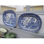 XIX Century Blue and White Willow Pattern Meat Plate, 53.5cm wide, one other smaller.