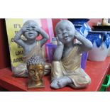 Two Oriental Baby Figures - See All and Hear All, 30cm high, gilt female bust. (3)