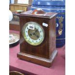An Edwardian Mahogany Inlaid Mantel Clock, with circular dial, Arabic numerals, on plinth base and