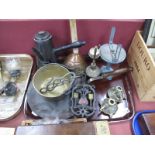 Brass Sundial, copper posser stick, brass jam pan, chocolate pot, etc:- One Tray
